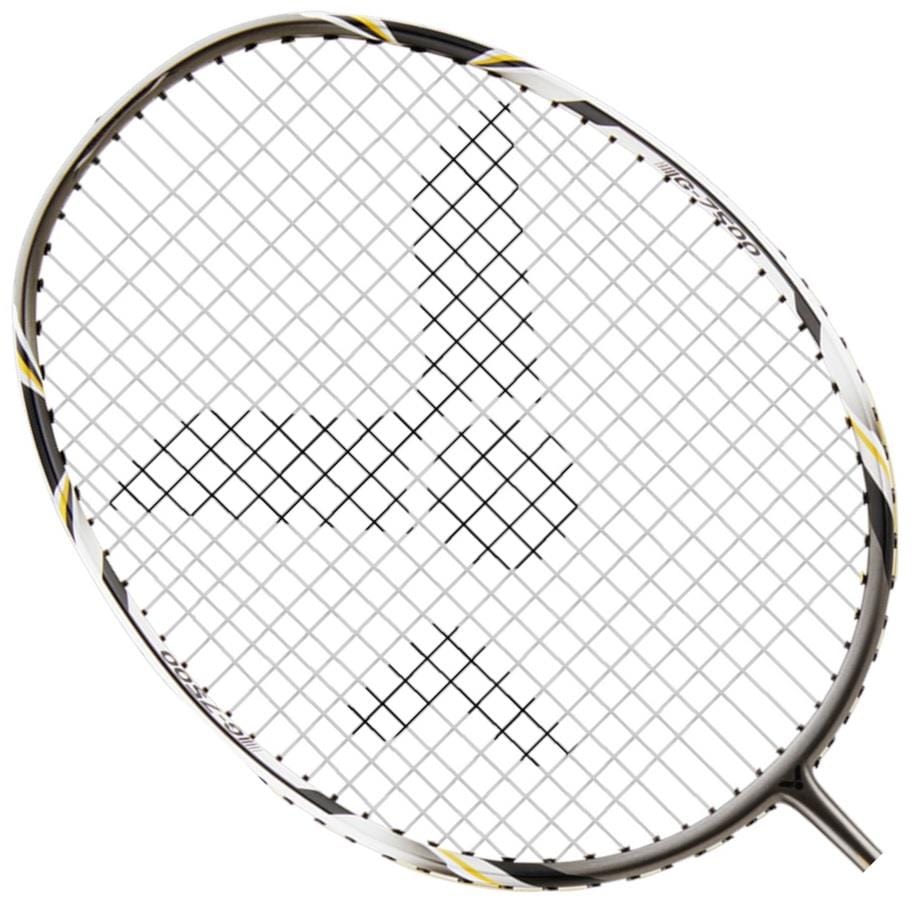 A close-up of the head of the Victor G-7500 Badminton Racket - Black showcases Ashaway Rally 21 Fire strings. The sleek design is achieved with a white and black frame, highlighted by yellow accents, while the precise grid string pattern makes it an ideal full carbon beginner racket.