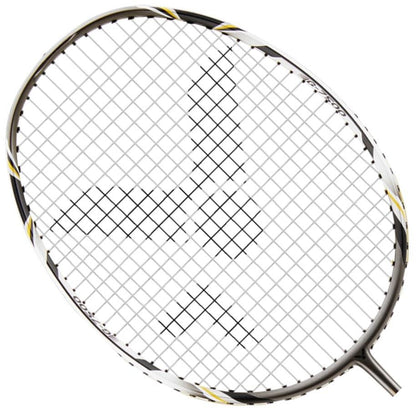 A close-up of the head of the Victor G-7500 Badminton Racket - Black showcases Ashaway Rally 21 Fire strings. The sleek design is achieved with a white and black frame, highlighted by yellow accents, while the precise grid string pattern makes it an ideal full carbon beginner racket.