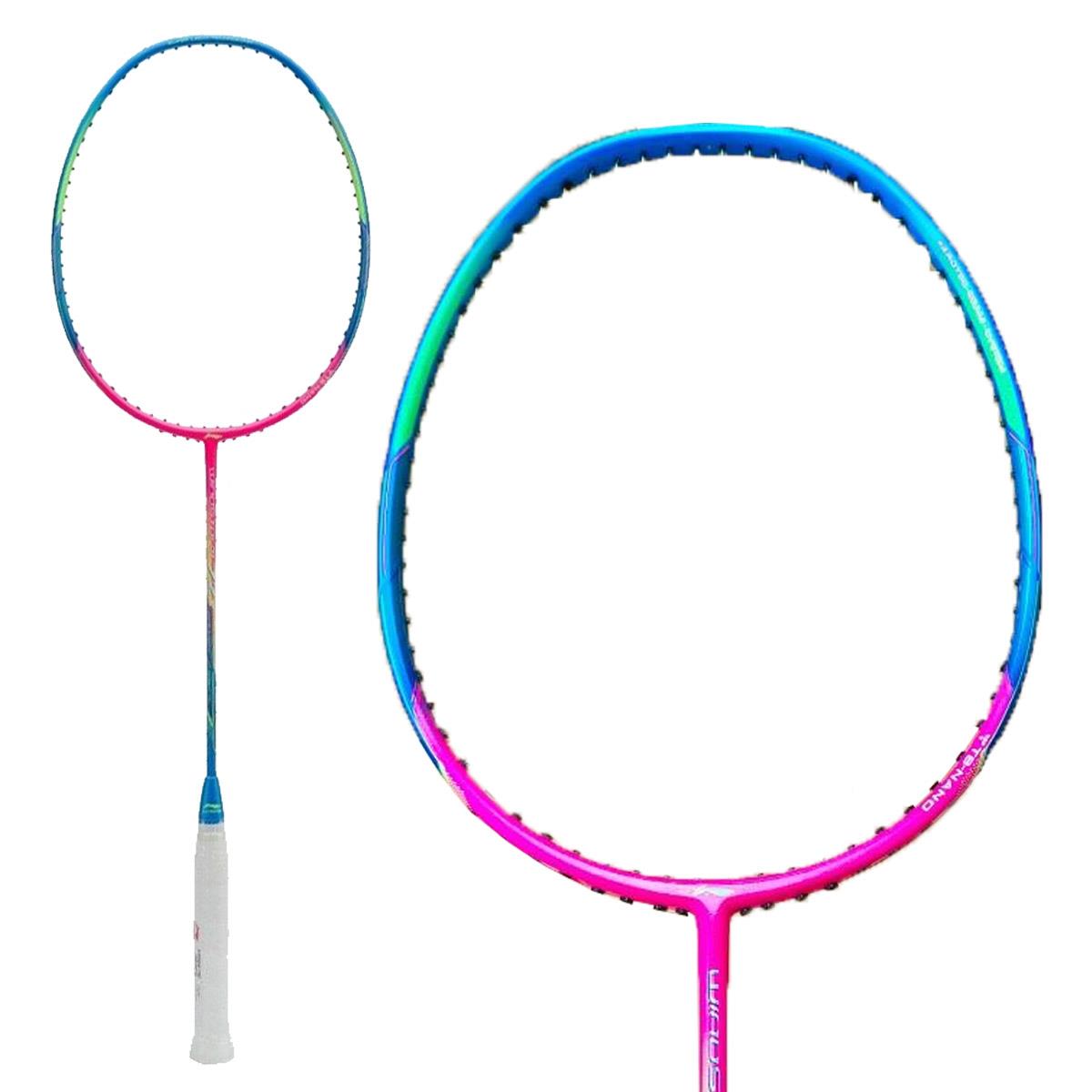 The Li-Ning Windstorm 72S Badminton Racket in Blue Pink is a lightweight racket featuring a gradient frame with pink and blue hues and a white grip handle. Displayed from two angles, it highlights its vibrant design and head heavy balance for increased power.