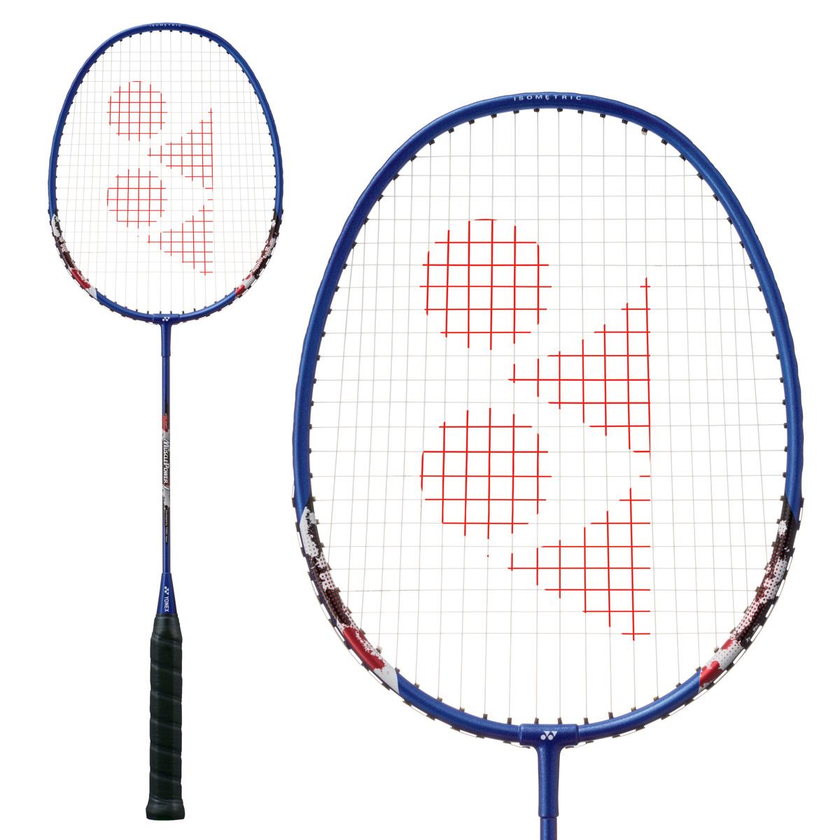 A Yonex Muscle Power 1 Badminton Racket in blue, adorned with a black grip and a red logo on the strings, is displayed. The image showcases this perfect beginner's racket with both an overall view and a detailed close-up of the racket head.