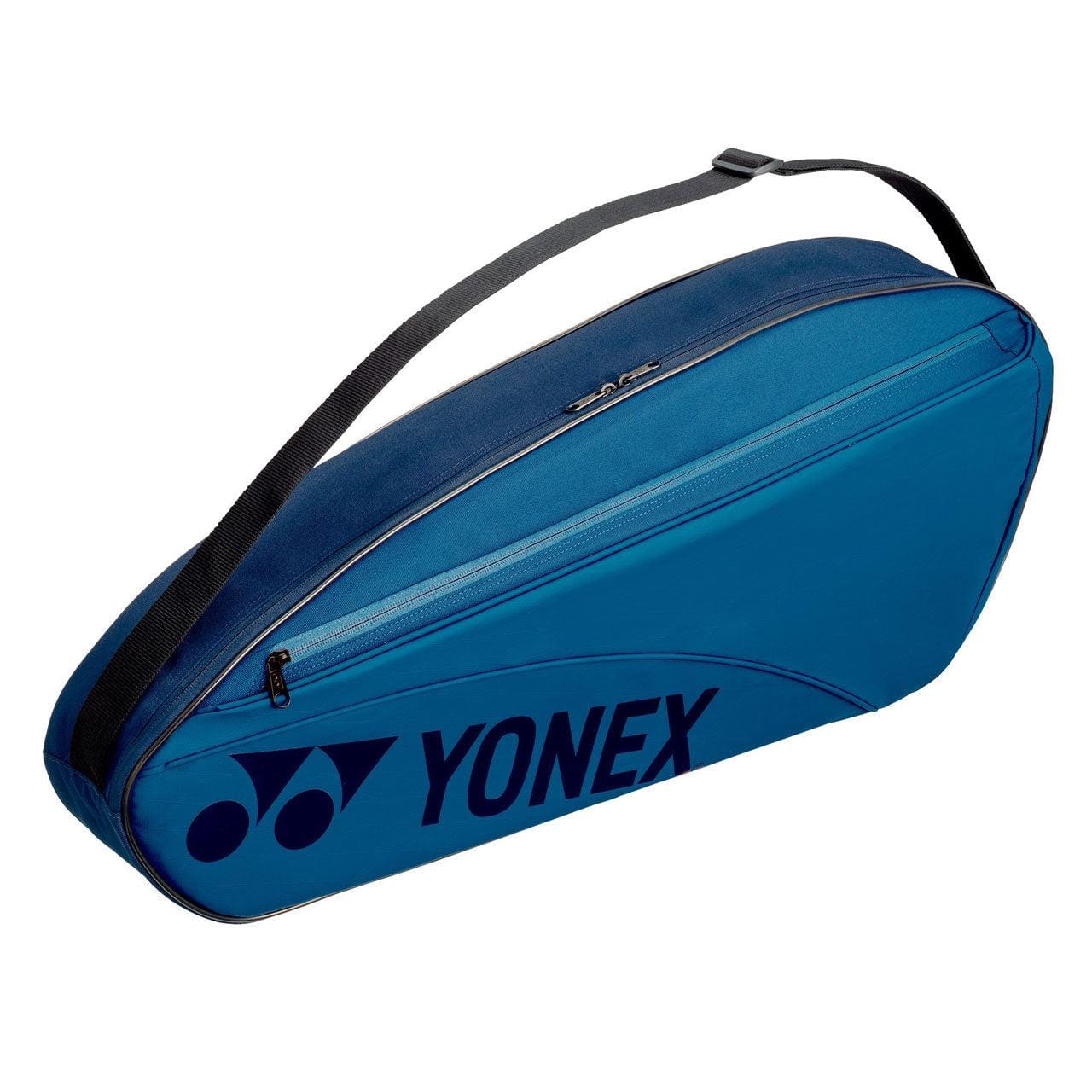 The Yonex 42323EX Team 3 Piece Racket Bag in sky blue, made from vegan-friendly PU material, features a black shoulder strap and a zippered compartment, displayed at an angle. The prominent black Yonex logo is showcased on the side of this bag, which is expertly crafted to carry and protect rackets.