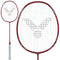 The Victor Auraspeed 3000S Badminton Racket, available in a striking red color, is designed for intermediate players. It features a white grip and an isometric head with strings that create a stylized "Y" or bird logo in black, showcasing its detailed craftsmanship and design by the brand Victor.