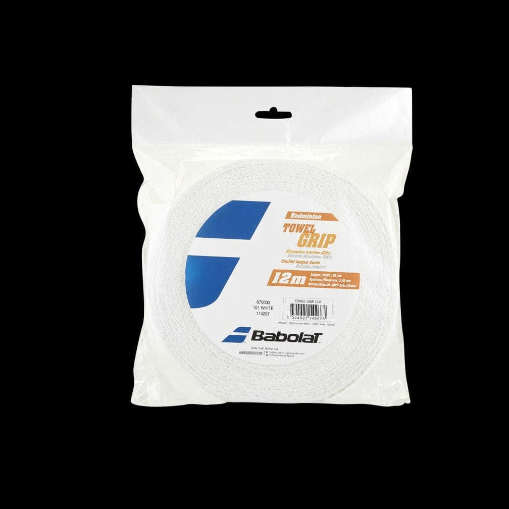 A package of the Babolat Badminton Towel Grip 12m Roll - White against a black background showcases the clear packaging that reveals the white grip inside. Its 12-meter length and superior moisture absorption are prominently highlighted, making it perfect for maintaining player grip in humid conditions.