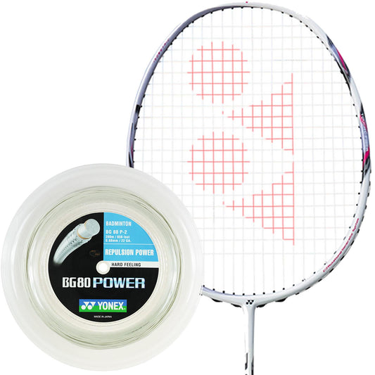 A badminton racket with red stringing is showcased next to a spool of Yonex BG 80P Badminton String in white, measuring 0.68mm and extending 200 meters. Known for its high repulsion power, this Yonex string comes in a circular transparent case featuring specifications labeled in black and white.