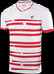 The Victor Badminton Shirt Denmark Unisex White 6628 by Victor captures the style of the Danish national team with its red horizontal stripe patterns and red sleeve edges. Made from functional material, it features a small black logo on the left chest area.