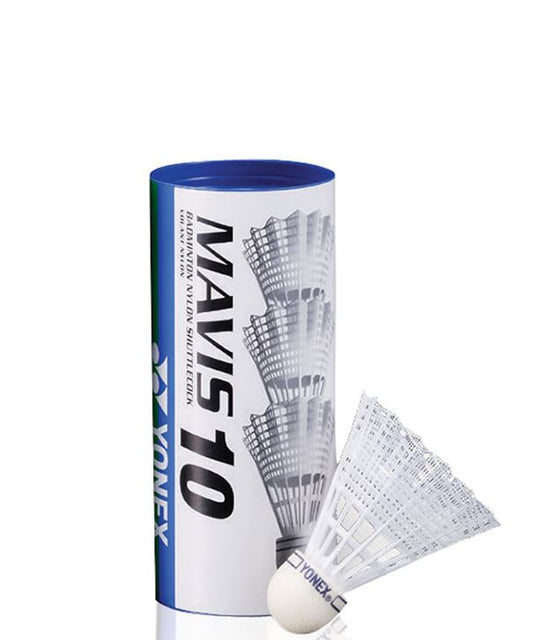 A set of three Yonex Mavis 10 Badminton Nylon Shuttlecocks, a product from the brand Yonex, is shown alongside its cylindrical blue and white packaging. Known for delivering an accurate trajectory, each shuttlecock includes a white plastic skirt and a cork base.