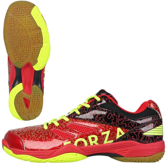 The FZ Forza Court Flyer Men's Badminton Shoes feature a bold red and black design complemented by neon yellow accents on the sole and laces. The "Forza" branding is prominently displayed, adding to its energetic appearance. Made with breathable mesh, these shoes offer durability and comfort, while the textured sole pattern ensures superior grip.