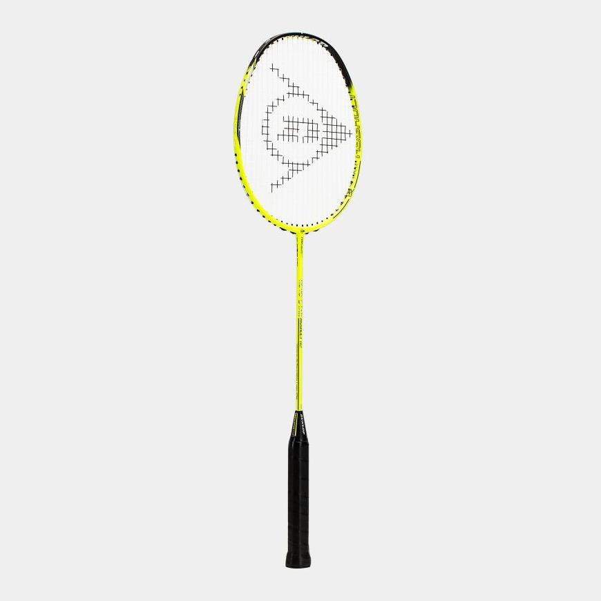 The Dunlop Revo Star Assault 82 badminton racket from Dunlop features a striking yellow and black design, enhanced by a black grip and geometric pattern on the strings. Made from High Modulus Graphite, it is prominently displayed against a plain white background.