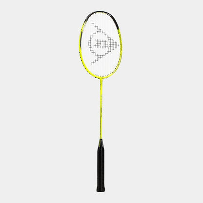 The Dunlop Revo Star Assault 82 badminton racket from Dunlop features a striking yellow and black design, enhanced by a black grip and geometric pattern on the strings. Made from High Modulus Graphite, it is prominently displayed against a plain white background.