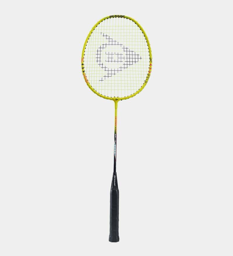 The Dunlop Nitro Star 2 Player Badminton Set, featuring a yellow racket with a black handle and a logo on the strings, is perfect for beginner-level players and is set against a plain white background.