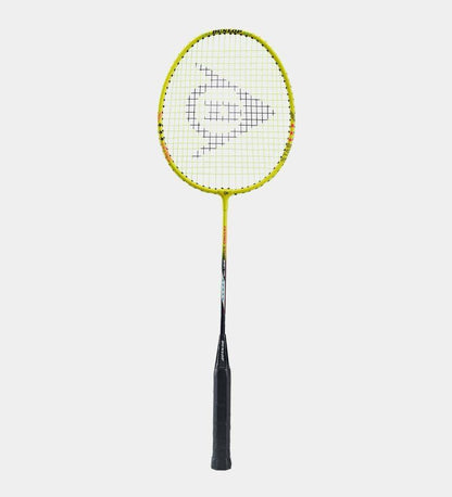 The Dunlop Nitro Star 2 Player Badminton Set, featuring a yellow racket with a black handle and a logo on the strings, is perfect for beginner-level players and is set against a plain white background.