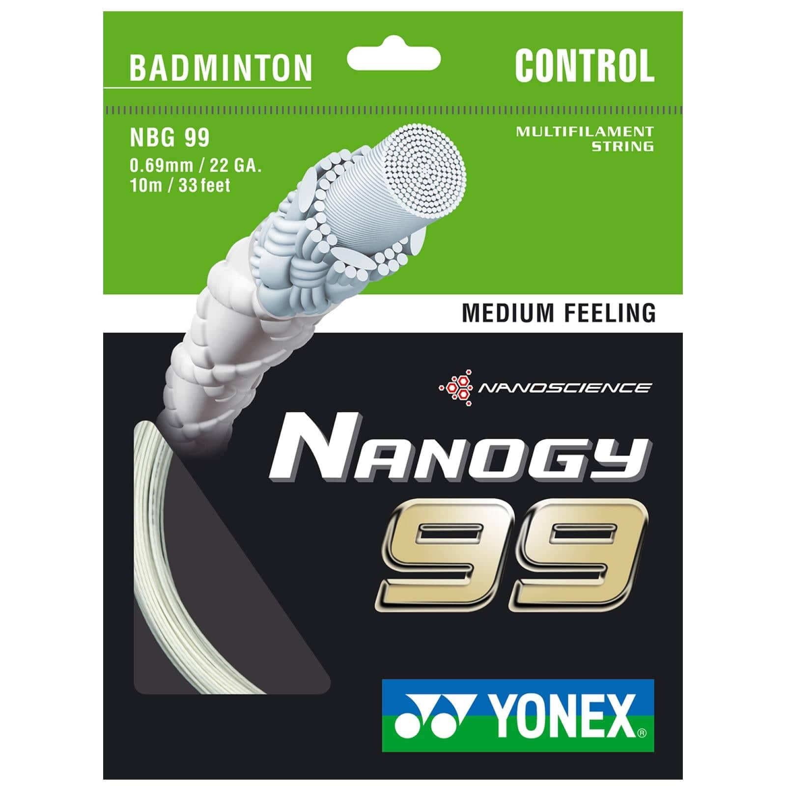 The packaging of the Yonex Nanogy BG 99 Badminton String in white highlights a detailed close-up of its high-performance, textured string. It emphasizes "Badminton," "Control," and "Medium Feeling." Specifications include 0.69mm/22 GA, 10m/33 feet, making it ideal for players seeking precision.