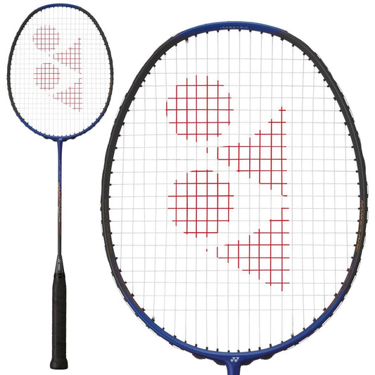 The Yonex Nanoflare Clear Badminton Racket in blue, featuring red strings that create a logo pattern, highlights Yonex's advanced design capabilities. A close-up image reveals the racket's head and handle with a black grip, enhanced by the Sonic Flare System. Additionally, a smaller image provides a full view of the racket for added detail.