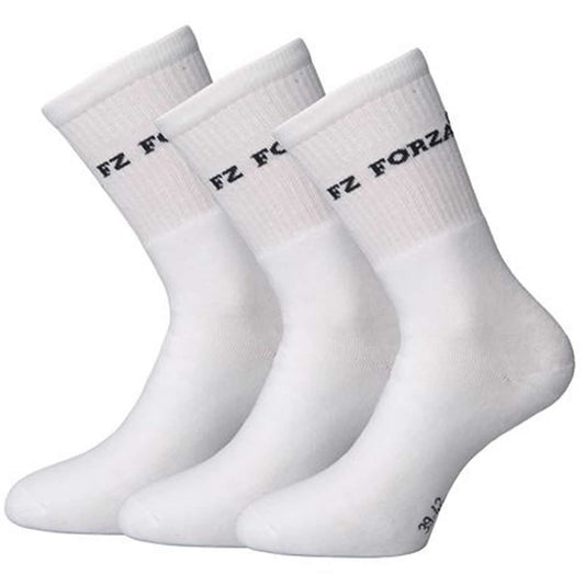 A set of FZ Forza Sock Long Classic White Badminton Socks, consisting of three pairs, showcases the "FZ Forza" logo printed in black on the cuffs. The socks boast a sleek and classic long design, presented against a simple white background.