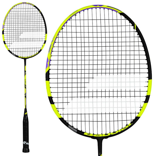 A Babolat X Feel Lite Badminton Racket in a striking combination of yellow and black is showcased against a white background, emphasizing its grid-patterned string surface. The detailed view highlights its head light balance, revealing the sleek design and understated purple accents that define this competition racket from Babolat.