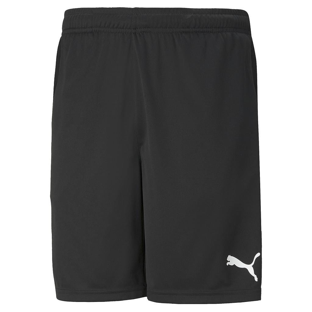 Explore the Puma Team RISE Men's Training Shorts, made from high-performance materials. These black shorts come with an elastic waistband for added comfort and showcase the iconic Puma logo in white on the bottom left corner.