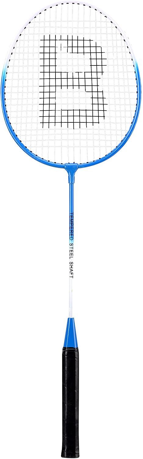 The Baseline 2 Player Pro Badminton Racket Set in blue and yellow includes a beginner-friendly racket featuring a black handle and strings with a grid pattern. The shaft, made from alloy steel and marked "Steel Shaft," makes it ideal for new players.