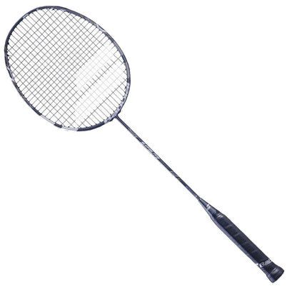 Against a white background, the Babolat Satelite Power Badminton Racket in grey features a black handle and dark stringed head, making it ideal for offensive players with its advanced SATELITE POWER and METRICFLEX technology for enhanced performance.