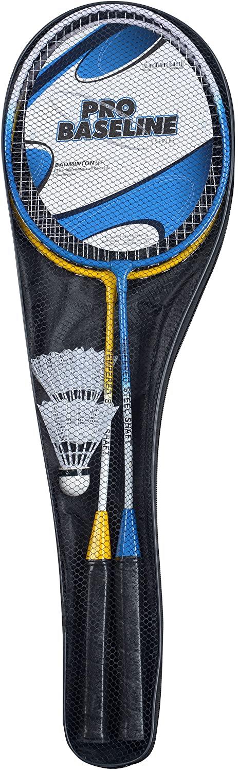 The Baseline 2 Player Pro Badminton Racket Set in blue and yellow is perfect for beginners. It features a stylish design and comes with a black cover decorated with images of two rackets and three shuttlecocks, making it an ideal choice for those new to the sport.