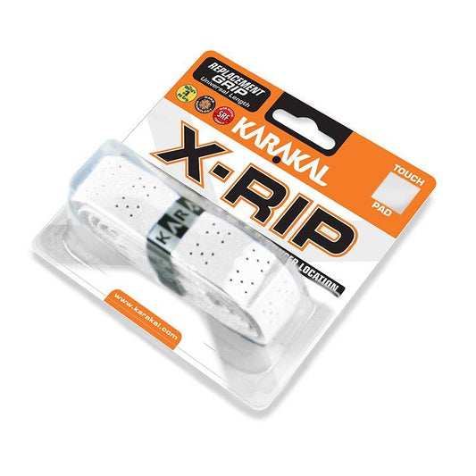 The packaging of the Karakal X-RIP Replacement Badminton Grip - White highlights a breathable design with perforations, emphasizing its "Touch" and "Pad" features for improved feel. The grip is promoted as a durable, long-life solution for sports equipment. Branding and website information from Karakal are prominently displayed.