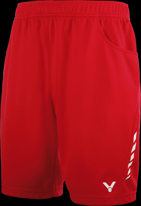 Introducing the Victor Badminton Short Denmark Mens Red 4628 by Victor. These shorts feature an elastic waistband and a small white logo on the bottom left, crafted with Ultra Dry technology to ensure maximum comfort and performance. Diagonal white stripes enhance the design on the right leg, making them perfect for athletes who prioritize both style and functionality. An excellent choice for badminton short aficionados or supporters of the Danish national team.