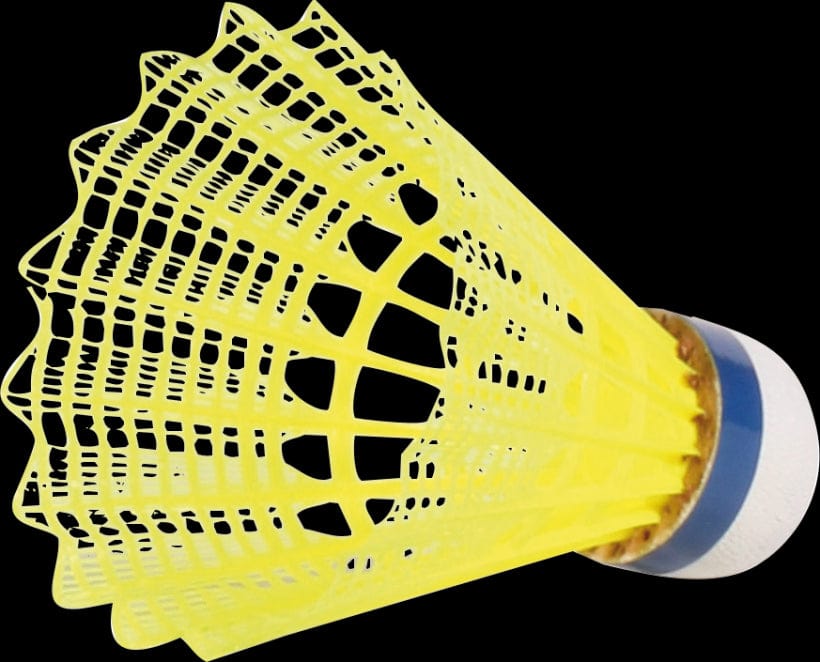 A close-up of one yellow Victor 500 Nylon Badminton Shuttlecock from a set of six, featuring a white and blue base on a black background, highlighting the durable nylon material.