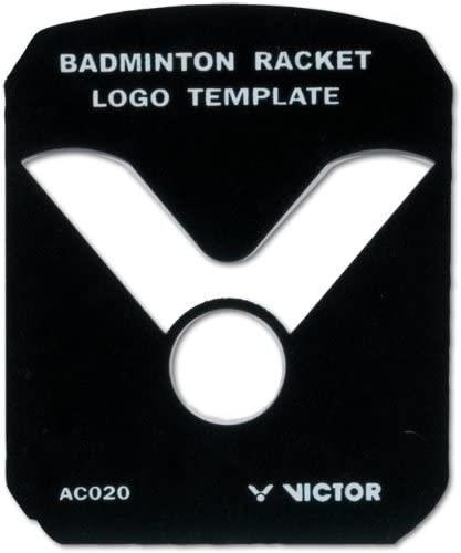 A sophisticated badminton racket logo template in black, characterized by a central circular cutout and two vent-like shapes. The text features "Badminton Racket Logo Template" alongside "Victor AC020," perfectly enhancing the design of the Victor Badminton String Stencil by Victor.