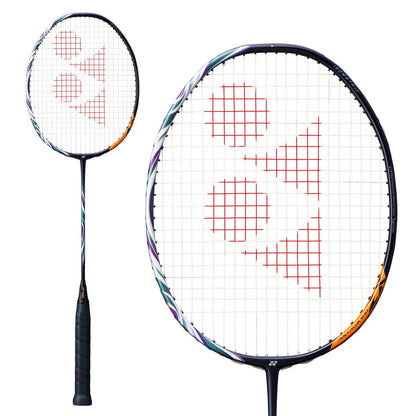 The Yonex Astrox 100 ZX 3U Badminton Racket - Blue by Yonex features a vibrant blue handle and a shaft decorated with colorful trims, crafted from NAMD graphite material. Its head-heavy balance enhances powerful play, while the strings display red geometric designs for striking precision.