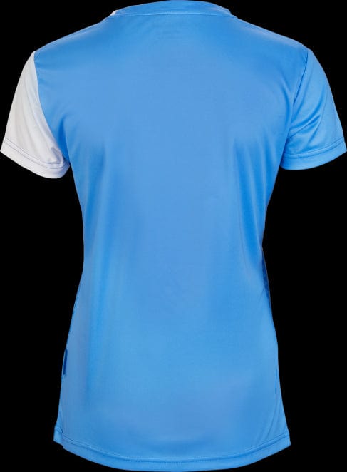 The Victor Eco Series Women's Badminton T-Shirt T-04102 M in Blue and White is a short-sleeved shirt made from recycled materials, displayed from the back against a black background.