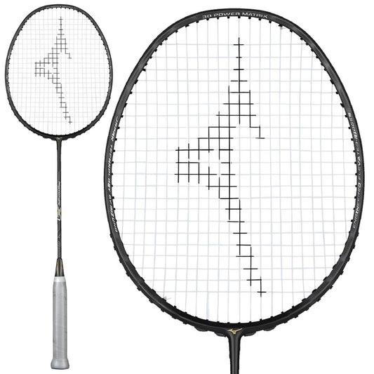 Picture of the Mizuno Prototype X1 Badminton Racket from Mizuno, showcasing its black frame and white strings adorned with a unique black pattern. Engineered elevated ridges are designed to boost performance. The handle is wrapped in light gray grip tape, and the slightly oval frame enhances precision.