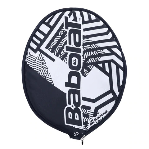 The Babolat Badminton Racket Head Cover - Prime incorporates a black and white geometric design with the Babolat logo prominently displayed on the front. This oval-shaped cover provides racket protection with its bottom zipper and synthetic fur lining for additional cushioning.