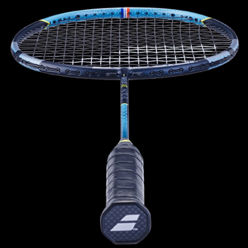 The Babolat Satelite Lite Badminton Racket in blue features a textured grip and is viewed from the handle. Its stringed head faces upward, designed for enhanced maneuverability. The frame boasts a modern design with subtle patterns to improve aerodynamics.