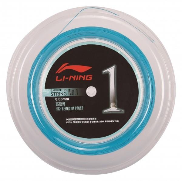 The Li-Ning No1 0.65mm Badminton String 200m in blue offers exceptional power on the court. The label showcases "High Repulsion Power" along with the renowned brand logo and further product specifics for this high-repulsion badminton string.