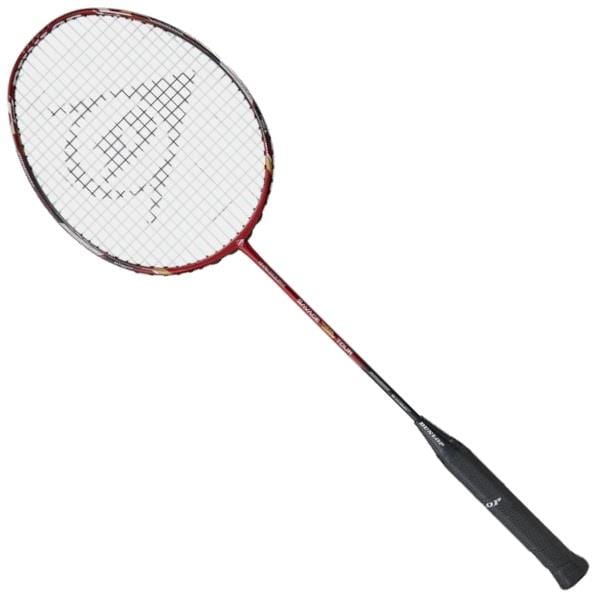 The Dunlop Nanoblade Savage Woven Special Tour Badminton Racket from Dunlop features a red frame and black grip with a patterned string design, ideal for intermediate players. Positioned diagonally, it showcases its sleek and lightweight construction.