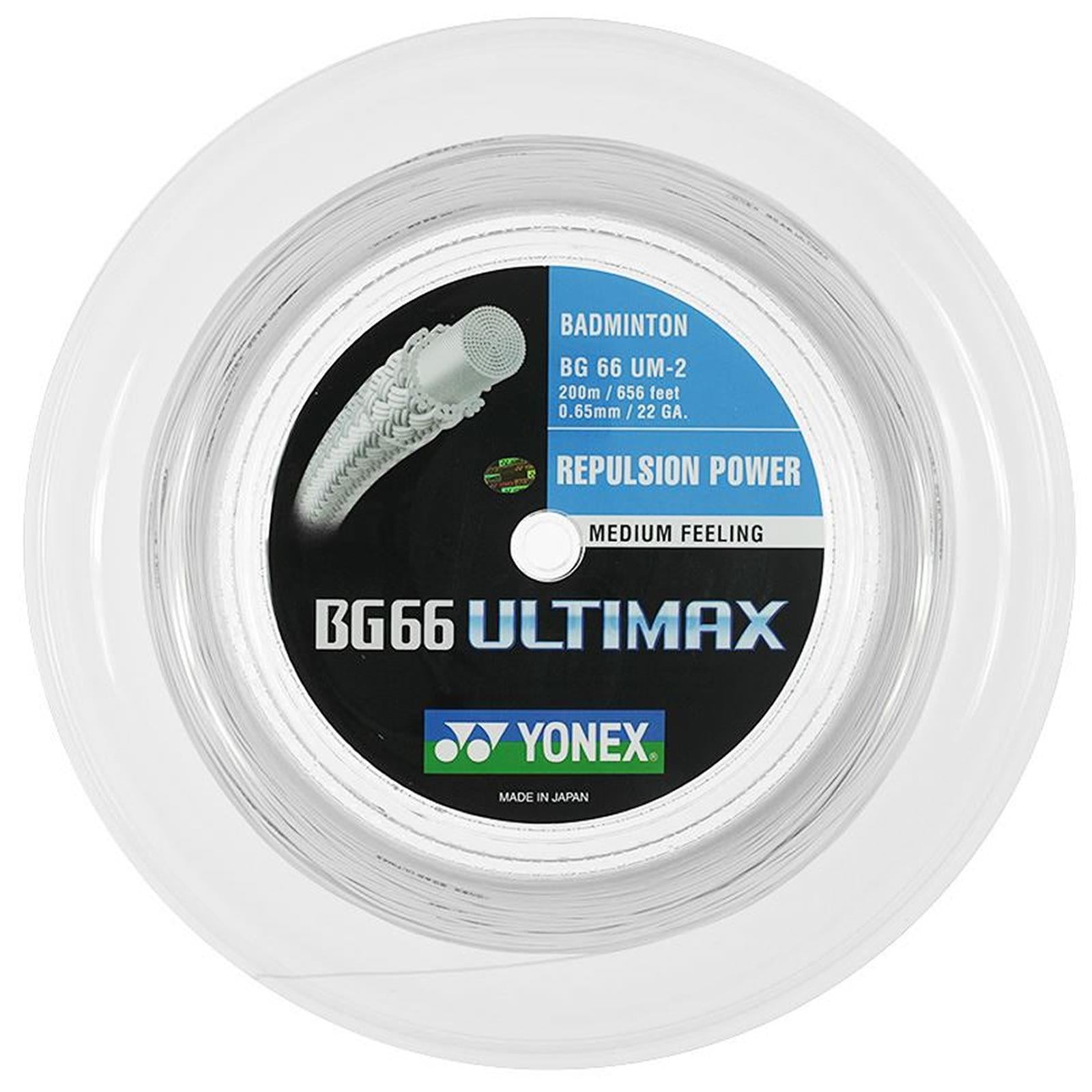 A detailed view of the Yonex BG 66 Ultimax Badminton String White - 0.65mm 200m Reel highlights its features: a length of 200 meters (656 feet) and a thin gauge of 0.65 mm (22 gauge), providing a "Medium Feeling." The label also emphasizes its high-intensity multifilament construction, along with the phrases "Repulsion Power" and "Made in Japan.