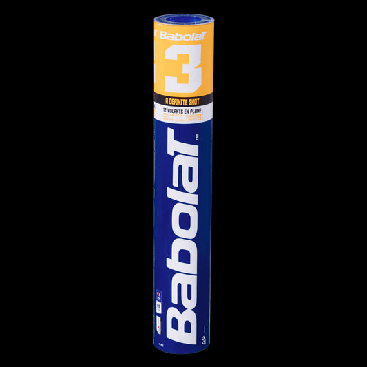 A set of Babolat badminton feather shuttlecocks, packaged in a sleek design prominently displaying the brand name and featuring a distinctive blue and yellow label with the number 3 and the text "Definite Shot," stands upright against a black background, evoking the premium appearance of high-quality goose feather shuttlecocks.