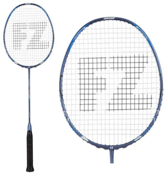 The FZ Forza HT Power 36-VS Badminton Racket, featuring a sleek black grip and vibrant blue frame, is engineered for maximum power. The strings, renowned for their high tension, are crafted to form the letters "FZ." The image displays the entire racket on the left and a close-up of its head on the right.