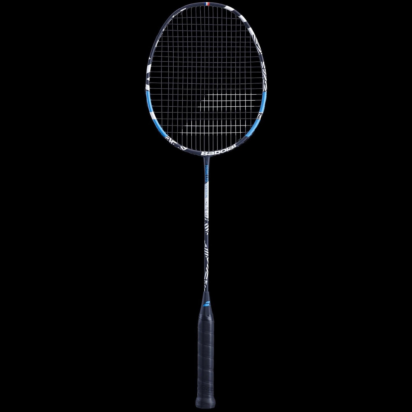 The Babolat Prime Essential LTD Badminton Racket, designed for intermediate-level players, features a black handle and a dark metal frame with blue and white accents. Its flexible shaft and graphite construction make it ideal, set against a solid black background.