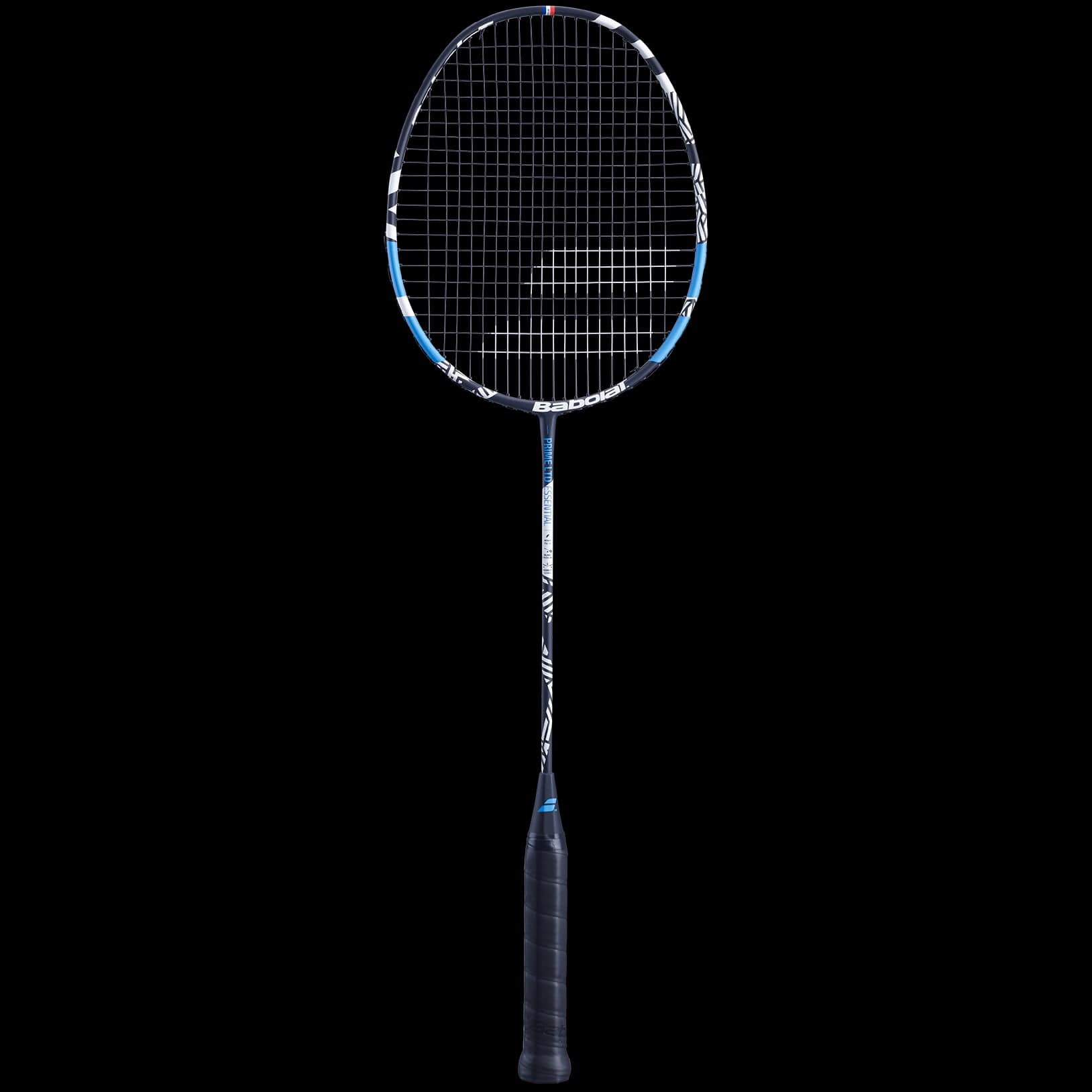 The Babolat Prime Essential LTD Badminton Racket, designed for intermediate-level players, features a black handle and a dark metal frame with blue and white accents. Its flexible shaft and graphite construction make it ideal, set against a solid black background.