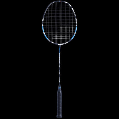 The Babolat Prime Essential LTD Badminton Racket, designed for intermediate-level players, features a black handle and a dark metal frame with blue and white accents. Its flexible shaft and graphite construction make it ideal, set against a solid black background.