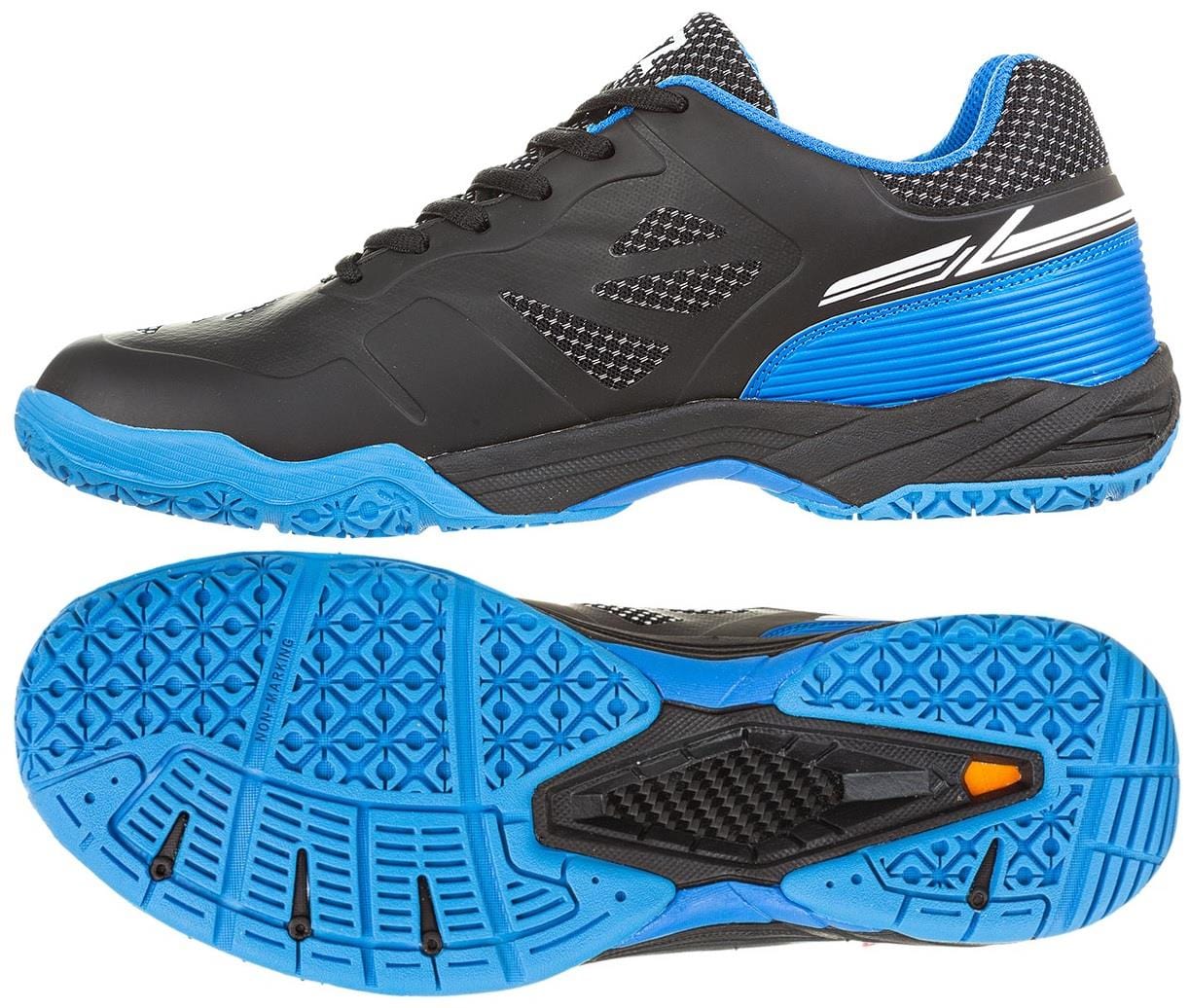 Introducing the FZ Forza Brace Men's Badminton Shoes in Black and Blue by FZ Forza. These shoes feature a black mesh upper with white and blue striped detailing on the sides. The blue soles are designed for shock absorption, while intricate tread patterns provide superior traction and lateral support, making them ideal for badminton.