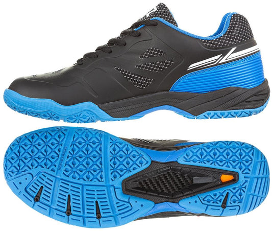 Introducing the FZ Forza Brace Men's Badminton Shoes in Black and Blue by FZ Forza. These shoes feature a black mesh upper with white and blue striped detailing on the sides. The blue soles are designed for shock absorption, while intricate tread patterns provide superior traction and lateral support, making them ideal for badminton.