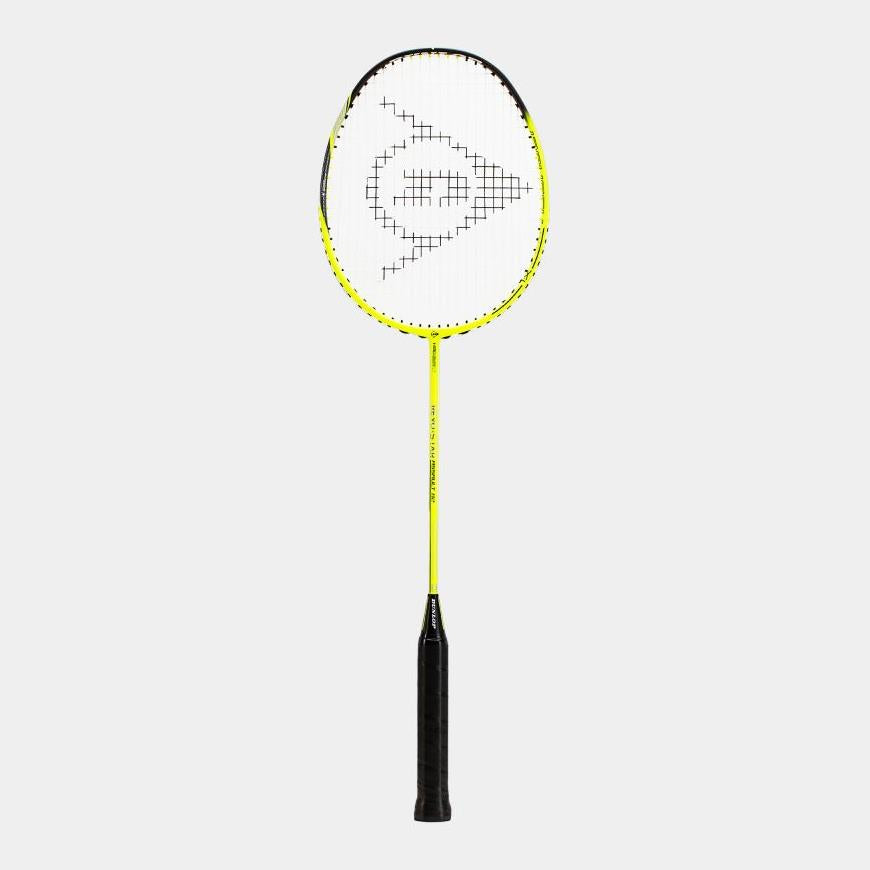 The Dunlop Revo Star Assault 82 badminton racket showcases a bold yellow and black design, highlighted by a sleek black grip and patterned strings. Made from High Modulus Graphite, this racket excels in both performance and style.