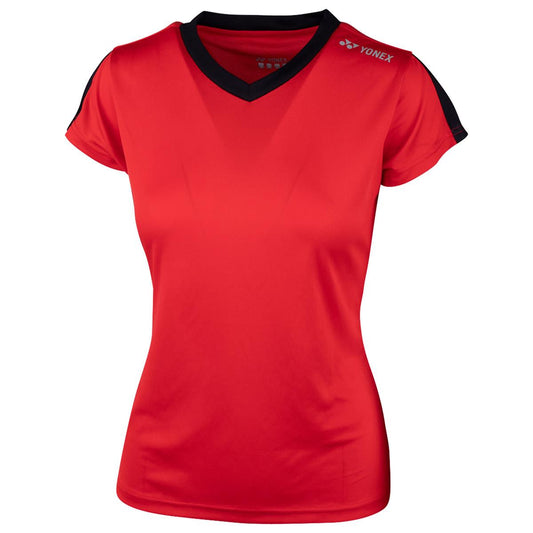 The Yonex YTL3 Women's Badminton T-Shirt in red is a polyester athletic shirt featuring short sleeves, a black collar, and stylish shoulder accents, ideal for sports use.