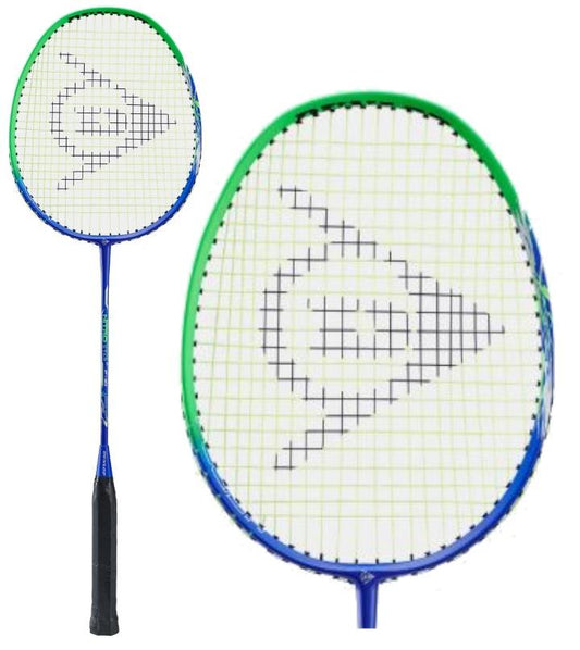 The Dunlop Nitro Star F110 Badminton Racket by Dunlop, perfect for beginner to intermediate players, boasts a vibrant blue and green frame with a black grip and a net strung with white strings showcasing a geometric logo at the center. It is displayed from two perspectives: a full view and an up-close shot of the net.