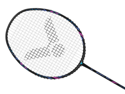 The image features the Victor Auraspeed 9000 C Badminton Racket by Victor, showcasing its black frame adorned with vibrant purple and blue accents. The strings create a grid pattern, complemented by a prominent logo at the center, making it an excellent choice for intermediate club players.