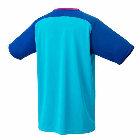 The Yonex 16573 Men's T-Shirt in Turquoise is designed with a short-sleeved sports jersey style, featuring a light blue front and dark blue sleeves. Made from sweat-absorbing, quick-dry fabric, it's ideal for active days. A touch of red can be seen at the neck on the back of the shirt.