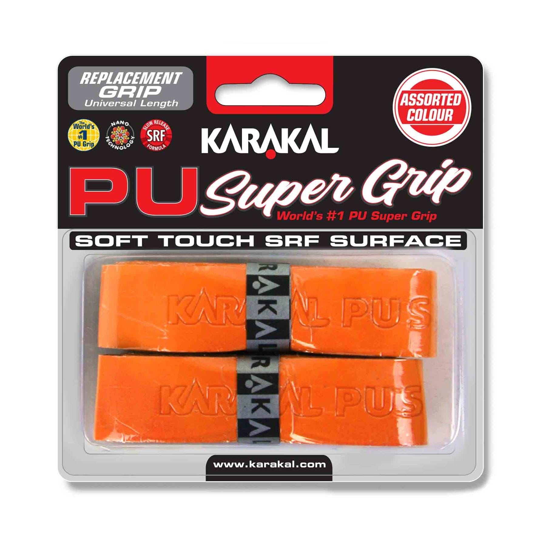 The packaging for the Karakal PU BadmintonGrip Twin Pack in orange, perfect for racket sports, features vibrant assorted colors. The pack includes "Soft Touch SRF Surface" text and displays superior gripping power with Karakal branding on each grip.