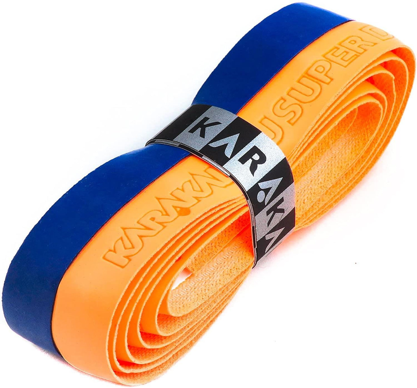 A coiled blue and orange badminton grip with embossed text, perfect for any racket sports enthusiast. Secured in the middle by a silver band with black lettering, this Karakal PU Badminton Duo Super Grip offers superior performance and style.