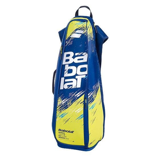 The Babolat Backracq Badminton Bag in blue and yellow, showcasing a bold logo and abstract brush strokes, is a versatile option for carrying your racket gear. It features multiple compartments and a dedicated shoe section, making it perfect for organizing all your badminton necessities.